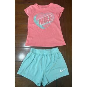 Girls Nike 6X Two Piece Short Sleeve And Short Set-Teal And Coral VGUC